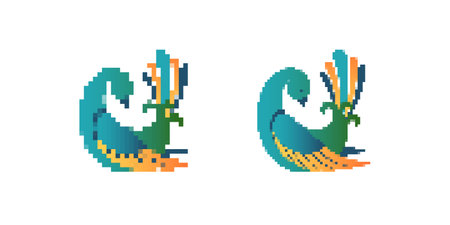 A stylized pixel art bird features a colorful array of vibrant feathers, showcasing artistic detail.のイラスト素材