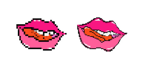 Vibrant pink lips in pixel art style showcasing bold red tongue playfully licking from the side.のイラスト素材