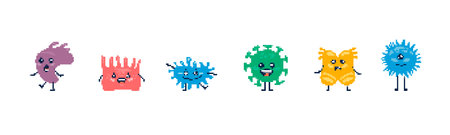 Brightly colored pixel characters with various expressions and interesting features in pixel style.のイラスト素材