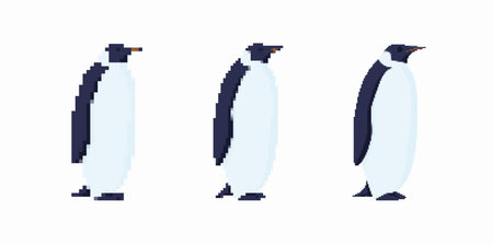 Three penguins in pixel art style, each facing sideways. their beaks are pointing forward.のイラスト素材