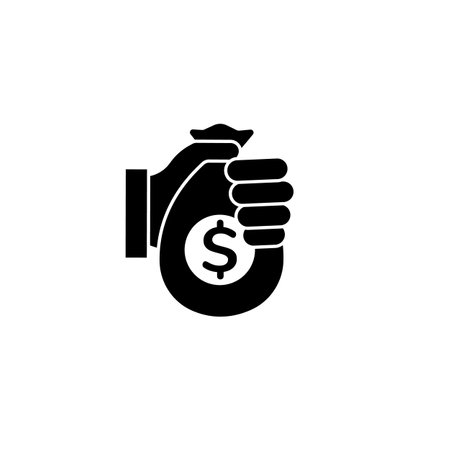 A black and white icon of a hand holding a money bag. symbolizes financial success or wealth.の写真素材