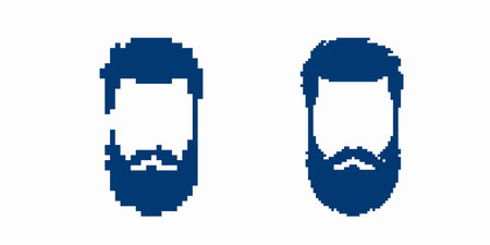 Pixelated silhouettes show various bearded men with different hair and beard designs.のイラスト素材