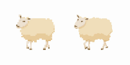 Two sheep with pale wool in a pixel style, simple and blocky, looking towards each other.のイラスト素材