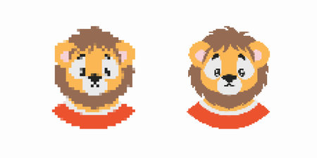 Two simple pixel art lions with distinct hairstyles. both have a friendly expression and plain colors.のイラスト素材