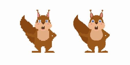 Two pixel art squirrels with large bushy tails face forward with hands on hips in similar poses.のイラスト素材