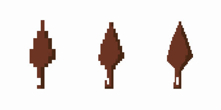 Three brown pixelated leaf icons showcasing unique rotational views with a minimalist design.のイラスト素材