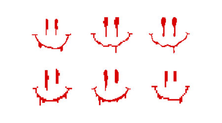 Six pixelated red distorted smiley faces, featuring an eerie glitch horror aesthetic.のイラスト素材