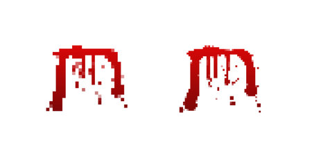 Two pixelated red blood drips on a white background, resembling digital glitch art with a distorted appearance.のイラスト素材