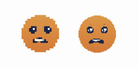 Two pixelated angry face emoticons with different expressions, featuring dark eyes and clenched teeth in a retro styleのイラスト素材