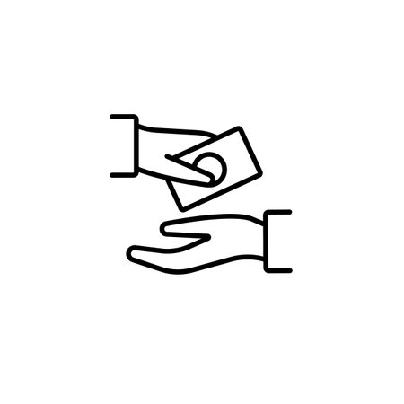 Minimalistic black and white line drawing showing a card being passed between two hands.のイラスト素材