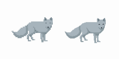 Two wolves in pixel art style with grey tones, showcasing distinct designs and simple features.のイラスト素材
