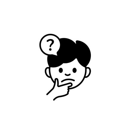 Man thinking with hand on chin. question mark speech bubble. reflecting face, pondering expression.のイラスト素材