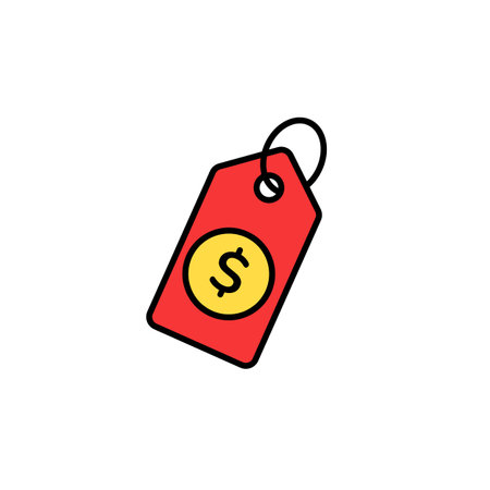 Red price tag featuring yellow coin symbol in the center, outlined in black with currency sign.のイラスト素材