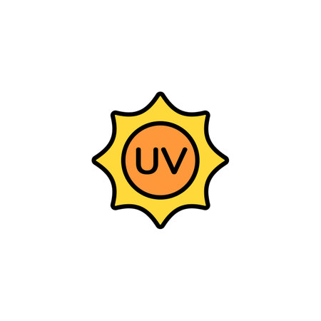 An orange uv symbol inside a bright yellow sun, indicating ultraviolet rays impact on skin exposure.のイラスト素材