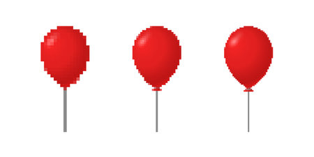 Three red balloons shown in pixel art style depict different stages of inflation process.のイラスト素材