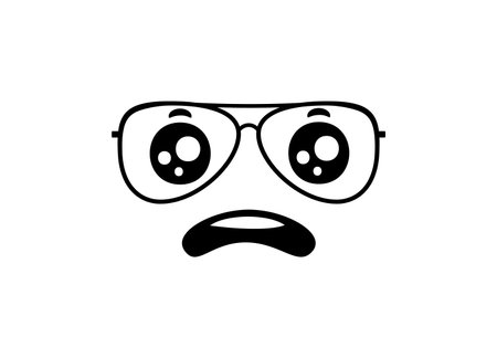A simple black and white cartoon face with big glasses, eyes wide open in a cute surprised expression.のイラスト素材