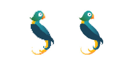 A pixel art parrot with vibrant blue and green feathers, featuring a playful and creative design.のイラスト素材