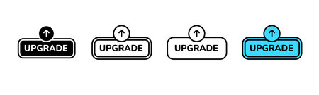 The image shows four upgrade button designs featuring upward-pointing arrow icons. each button varies.のイラスト素材