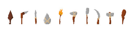 Pixel art featuring primitive tools and weapons with unique designs and colors in a simple style.のイラスト素材