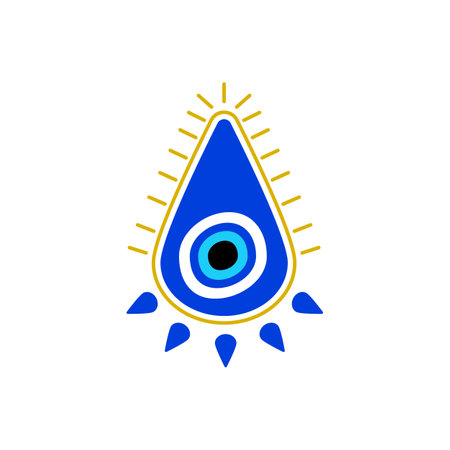 Blue evil eye charm features a vivid yellow sunburst. offers protection and good fortune.のイラスト素材
