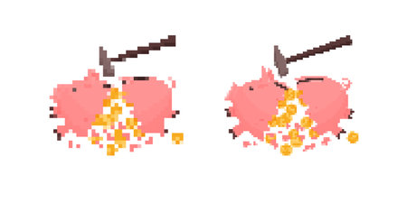 Two pixelated piggy banks breaking open with a hammer, revealing golden coins inside. Represents saving, finance, or spending moneyのイラスト素材