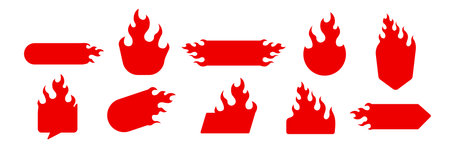 A collection of red fire icons with varied shapes perfect for graphic design and digital use.のイラスト素材