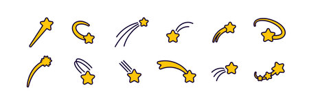 Collection of doodle-style shooting stars in different poses decorated in bright yellow.のイラスト素材