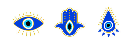 Blue evil eye symbols are shown, each with distinctive shapes and details representing protection.のイラスト素材
