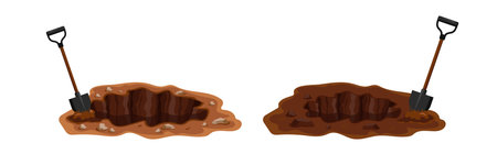 The image shows two cartoon shovels in different dirt piles showing digging progress and soil detail.のイラスト素材