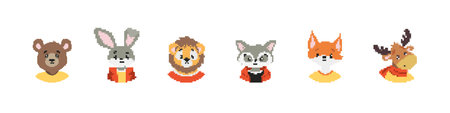 Adorable pixel art animals with expressive eyes and outfits. includes a bear, rabbit, lion, and more.のイラスト素材