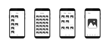 Four smartphone screens showcasing unique photo gallery layouts on a mobile interface.のイラスト素材