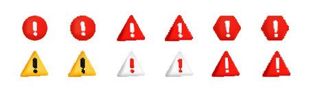 Collection of alert symbols with triangles and circles featuring bold exclamation marks.のイラスト素材