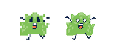 Two green pixel art monsters with exaggerated expressions showing excitement and fear, cartoon style.のイラスト素材