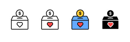 Four donation box icons with coin and heart symbol in black, blue, white, and colored styles.のイラスト素材