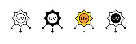 Four icons illustrate uv protection with sun shapes and arrows, emphasizing ultraviolet awareness.のイラスト素材