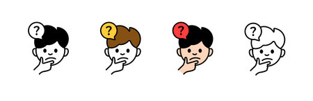 Four cartoon heads with question marks, each in a different style and color, pondering thoughtfully.のイラスト素材
