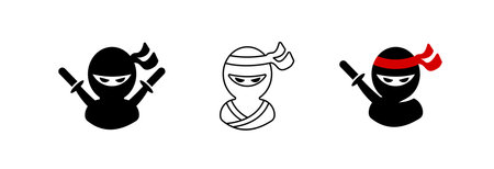 Simple designs of three ninja figures featuring swords and headbands, each with unique styles.のイラスト素材