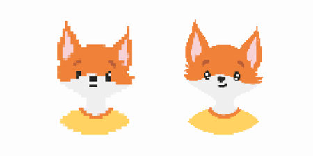 Two pixel art fox faces showcasing expressive features and bright orange coloring.のイラスト素材