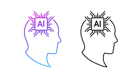 Illustration of a human head in profile with an ai chip on top, showing tech and human link.のイラスト素材