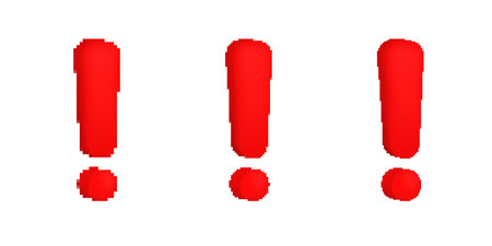 Three pixelated red exclamation marks with a glossy effect, featuring a bold digital typography styleのイラスト素材