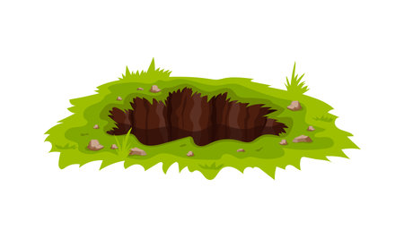 A deep pit surrounded by lush green grass and scattered stones, with blades of grass nearby.のイラスト素材