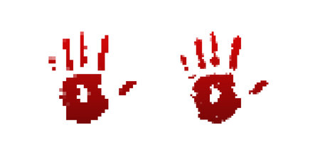 Two red pixel style blood stained handprints, one rougher and more distorted. The eerie design evokes horror, crime, and thriller themes, perfect for retro horror games, dark digital art, or eerie visuals.のイラスト素材