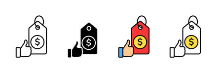 A set of four price tags featuring a thumbs up icon, showcasing various styles and colors.のイラスト素材