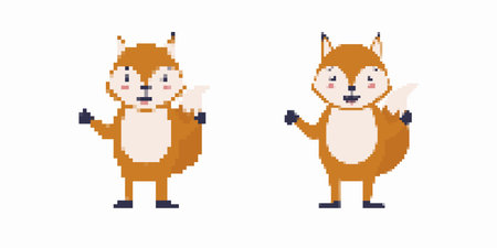 A pair of pixel art foxes smile with arms up, displaying distinct expressions and slight differences.のイラスト素材