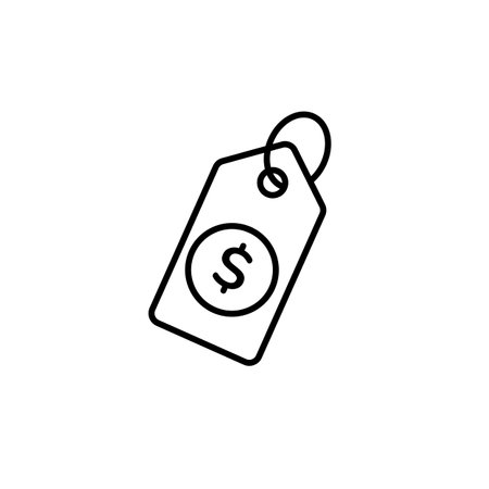 Simple black and white price tag icon featuring a dollar sign in the center of the tag design.のイラスト素材