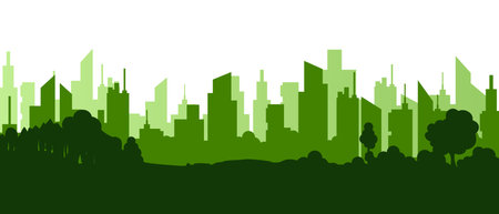 Green city skyline silhouette with stylized modern buildings creating a vibrant urban panorama scene.のイラスト素材