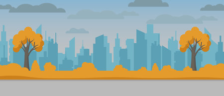 City silhouette features blue buildings and orange autumn trees for a unique panoramic skyline.のイラスト素材