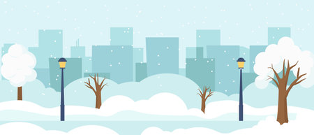 Snowy cityscape featuring urban buildings in winter with trees and lampposts in a tranquil scene.のイラスト素材