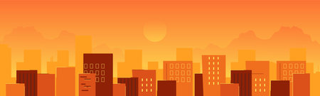City panorama shows a vibrant urban silhouette in orange hues, capturing the essence of sunset.のイラスト素材