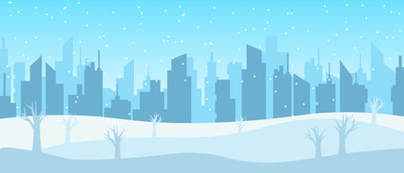 City skyline silhouetted against a winter background with snow falling gently.のイラスト素材